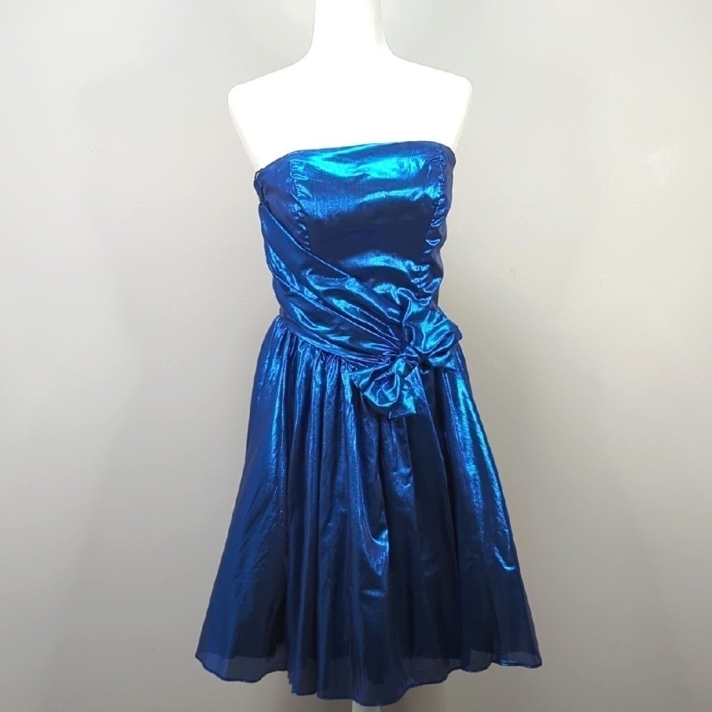 Vintage Loralie Original 80's Lamé Metallic Strapless Blue Bow Dress Sweetheart